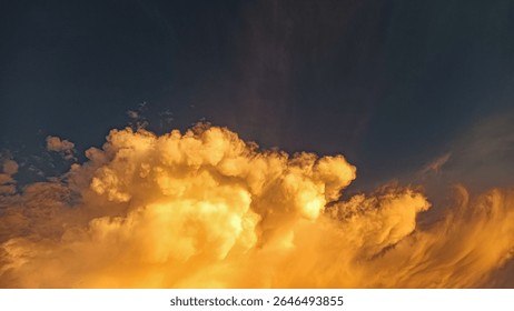 A dramatic formation of golden-orange clouds glowing brightly as the sun sets, set against a darkening evening sky, capturing the raw beauty of twilight.
