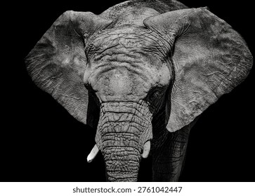 Dramatic front view portrait of an African elephant isolated on black background highlighting texture, wrinkles, strength, and majestic presence of wild animal.