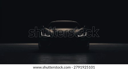 a dramatic front view of a sleek, dark sports car emerging from shadows in a minimalist studio. the bright led headlights illuminate the hood and concrete floor, creating a mysterious atmosphere.