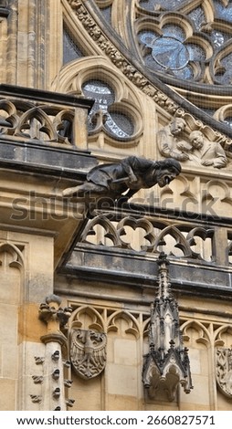 A dramatic gargoyle juts out from St. Vitus Cathedral, beneath stained glass and sculptural relief, showcasing detailed gothic stonework.