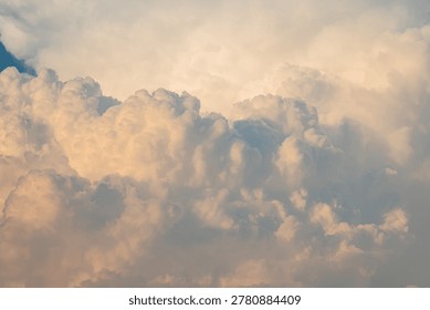 Dramatic golden cumulus clouds in a soft blue sky during sunset. The fluffy cloud formation creates a majestic and peaceful background.