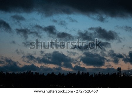 Dramatic, grainy night sky dominated by dark storm clouds towering over a silhouette of forest and the distant, glowing urban cityscape.