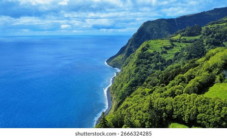 Dramatic Green Cliffs and Blue Ocean, São Miguel Coast, Azores, Portugal