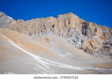 Dramatic high-altitude mountain landscape featuring a rugged rocky cliff and gently sloping terrain dusted with snow beneath a deep, cloudless blue sky. The strong textures and earthy tones
