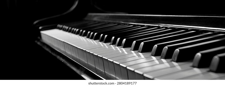 A dramatic, high-contrast black and white close-up of a grand piano's keyboard, highlighting the keys and strings with a sense of depth and elegance.