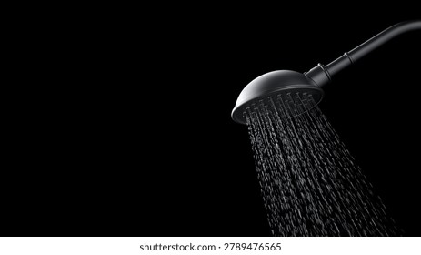 A dramatic, high-contrast image of a shower head actively spraying water, set against a stark black background.