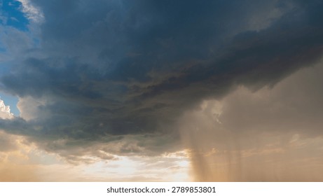 A dramatic horizontal web banner showing a heavy dark rain cloud and falling downpour against a moody twilight evening sky.