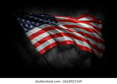 A dramatic image of the American flag waving against a dark cloudy background, symbolizing patriotism, freedom, and national pride.