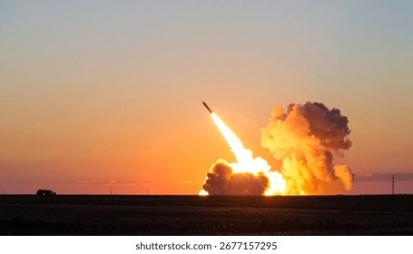 Dramatic image of a missile launching at sunset. The fiery exhaust plume contrasts against the orange sky.