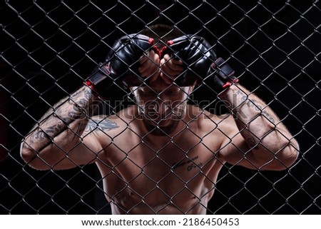 Dramatic image of a mixed martial arts fighter standing in an octagon cage. The concept of sports, boxing, martial arts. 