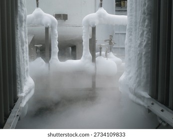 A dramatic image showing foam being expelled from a fire suppression system, with thick white foam enveloping pipes and creating a misty, fog-like atmosphere. The foam is used in industrial settings for fire protection, and the image captures both the force and efficiency of the system in action. This is an ideal visual for topics related to fire safety, emergency systems, and industrial technologies.