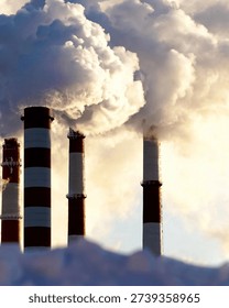 Dramatic industrial scene featuring red and white factory chimneys releasing thick smoke and steam into the sky.