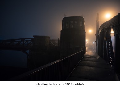 Dramatic Industrial Vintage River Bridge Scenery At Night With Illuminating Fog In Chicago.