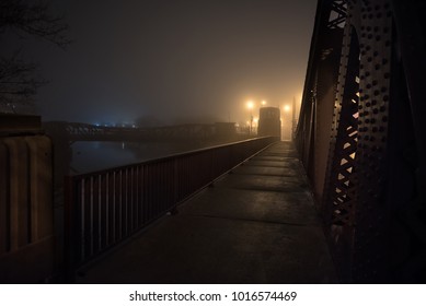 Dramatic Industrial Vintage River Bridge Scenery At Night With Illuminating Fog In Chicago.