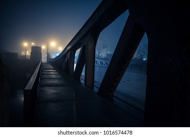 Dramatic Industrial Vintage River Bridge Scenery At Night With Illuminating Fog In Chicago.