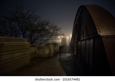 Dramatic Industrial Vintage River Bridge Scenery At Night With Illuminating Fog In Chicago.