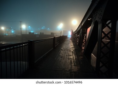 Dramatic Industrial Vintage River Bridge Scenery At Night With Illuminating Fog In Chicago.