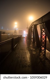 Dramatic Industrial Vintage River Bridge Scenery At Night With Illuminating Fog In Chicago