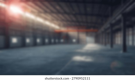A dramatic interior shot of a large warehouse space, featuring light beams streaming through the structure. The concrete floors and industrial design create a compelling visual.