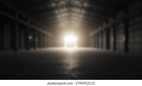 A dramatic interior warehouse space with a bright light at the end of a long tunnel. The image features a dark, industrial setting with a strong contrast between light and shadow.
