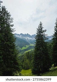 Dramatic jagged alpine rock face with parallel scree gullies and low clouds wrapping around mountain walls in Austrian Alps