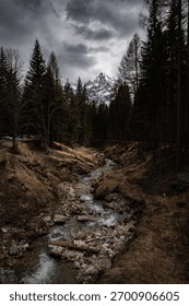 A dramatic landscape featuring a rugged mountain peak towering over a forested valley with a winding stream, under a stormy sky