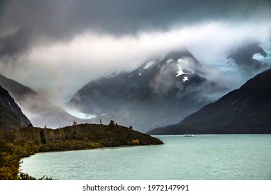 Dramatic Landscape Image Of Snow Capped Mountains, Lakes And Glaciers Taken In Portage Alaska.