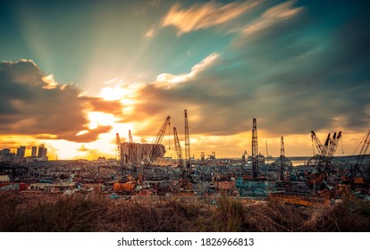 Dramatic Landscape of Ruins After Beirut Explosion. Beautiful Orange Sunset over the Rubble after a Terrible Disaster Blast in Lebanon. - Shutterstock ID 1826966813