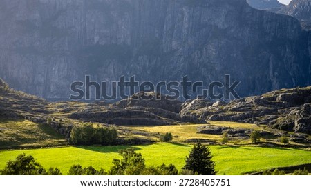 Dramatic landscape view of a lush green valley floor surrounded by massive vertical granite mountain walls in Norway.
