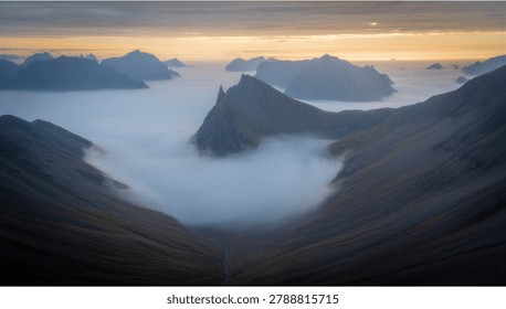A dramatic landscape view of a sharp rocky mountain peak rising above a thick layer of rolling clouds during