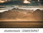 Dramatic landscape of volcanic mountain range with crater and dusty on wilderness in summer at Landmannalaugar, Iceland