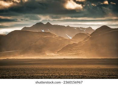 Dramatic landscape of volcanic mountain range with crater and dusty on wilderness in summer at Landmannalaugar, Iceland