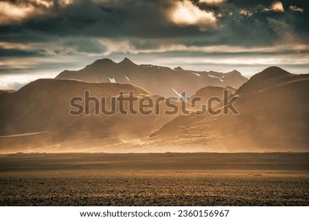 Dramatic landscape of volcanic mountain range with crater and dusty on wilderness in summer at Landmannalaugar, Iceland