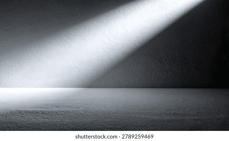 Dramatic light beam on bright surface. Spotlit concrete floor and stucco wall modern design for product display template.