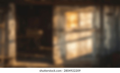 Dramatic lighting illuminates a weathered sliding door inside a rustic barn, highlighting the texture of old wood and creating a nostalgic atmosphere.