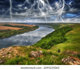 Dramatic lightning illuminates a deep river canyon under a powerful, dark, stormy sky