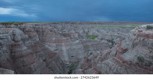 Dramatic lightning storm over the Badlands National Park in South Dakota