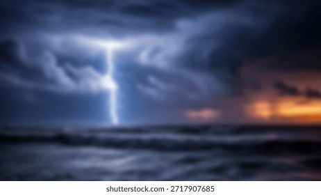 Dramatic lightning strike over the ocean during a powerful thunderstorm at sunset.