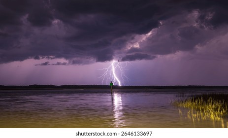 Dramatic lightning strikes over calm waters during a stormy evening in a serene landscape