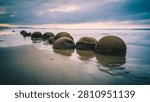 Dramatic long exposure landscape capturing the mysterious Moeraki Boulders, large spherical concretions lining Koekohe Beach, Otago, New Zealand