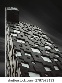 Dramatic Low Angle Monochrome Shot of Modern Pixelated Skyscraper Architecture, Oslo, Norway