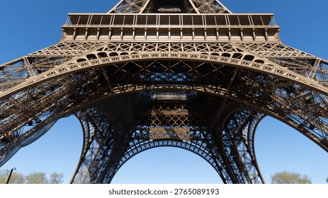 Dramatic low angle view of Eiffel Tower in Paris against deep blue sky, showcasing intricate iron structure and symmetry, iconic landmark, travel destination, architectural detail in France.