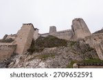 Dramatic low angle view of massive Golubac fortress walls in Serbia