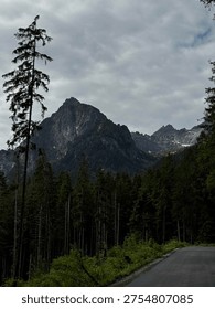 Dramatic low angle view of massive dark rocky Tatra mountain peak with jagged ridgeline and snow patches towering above dense dark spruce forest with winding road visible in foreground under heavy overcast cloudy sky. Imposing mountain wilderness scenery in Tatra National Park, Zakopane, Poland.