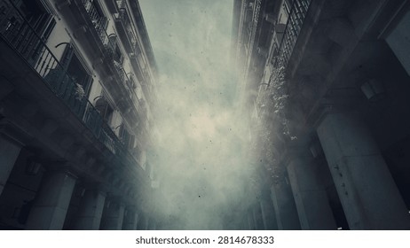 A dramatic low angle view of an urban corridor between tall historic buildings filled with thick, mysterious smoke or fog, creating an eerie, atmospheric city scene. Horror or Halloween background