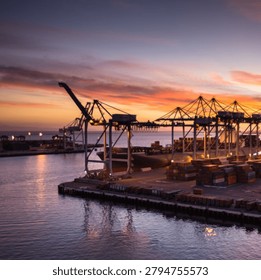 A dramatic low-angle aerial view showcasing towering port cranes positioned above a massive container ship at a busy maritime terminal. The scene highlights global trade, logistics, cargo transportation, and modern shipping infrastructure, emphasizing the scale and efficiency of international supply chain operations.