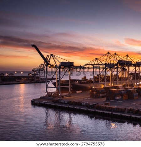 A dramatic low-angle aerial view showcasing towering port cranes positioned above a massive container ship at a busy maritime terminal. The scene highlights global trade, logistics, cargo transportation, and modern shipping infrastructure, emphasizing the scale and efficiency of international supply chain operations.
