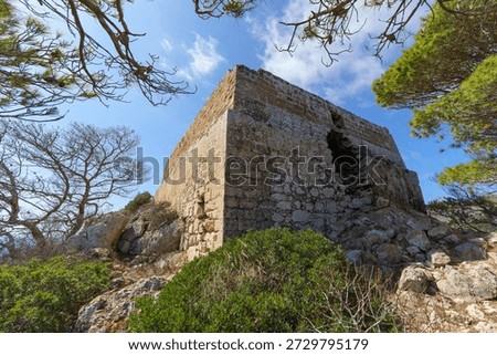 A dramatic, low-angle close-up of the imposing Norman Tower (Torre di Levanzo), a major historical landmark, with its rugged stone texture highlighted against a bright blue sky and naturally framed by dark Mediterranean foliage.