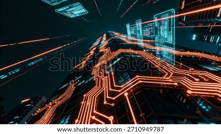 A dramatic low-angle shot captures towering city buildings overlaid with bright orange electronic circuit lines and streaks of cyan light, suggesting advanced connectivity and a dystopian future.