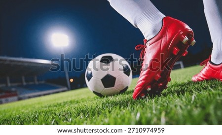 A dramatic low-angle shot captures a vibrant red soccer cleat poised above a classic black and white ball on lush green grass, illuminated by a bright stadium floodlight at night.